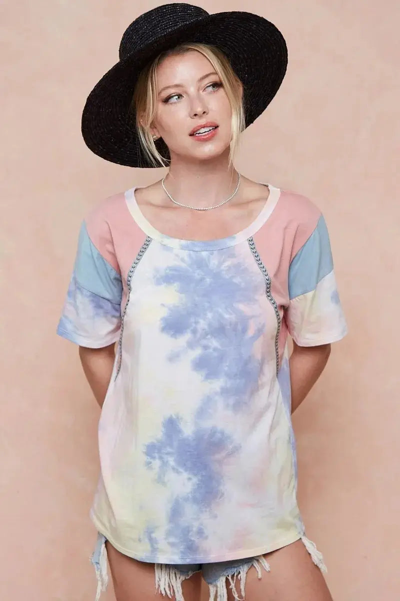 BiBi Tie Dye Printed Cotton Color Block T-Shirt for Women - Love Salve